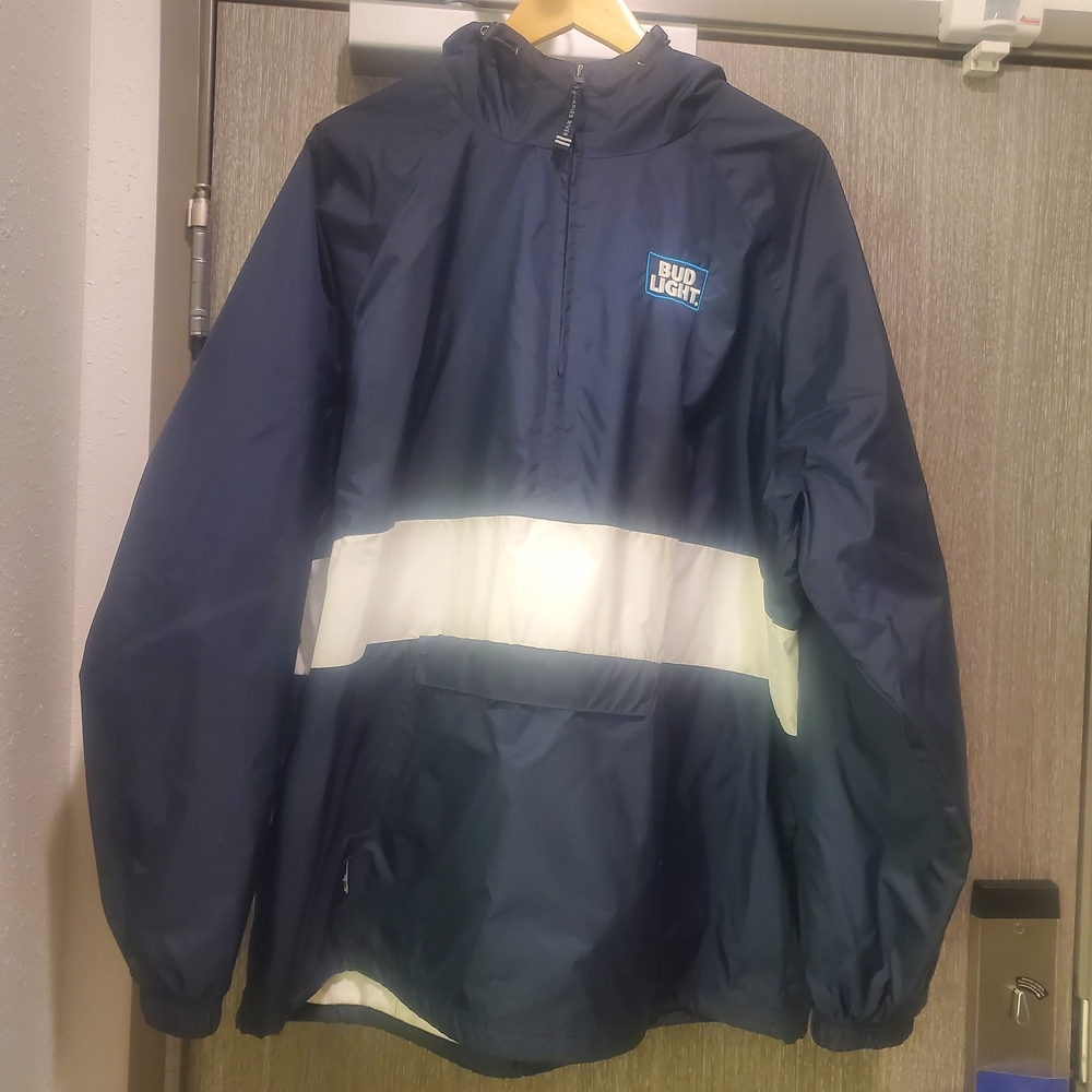 Bud Light Charles River Hooded Pullover Windbreaker Jacket XXL Blue Beer